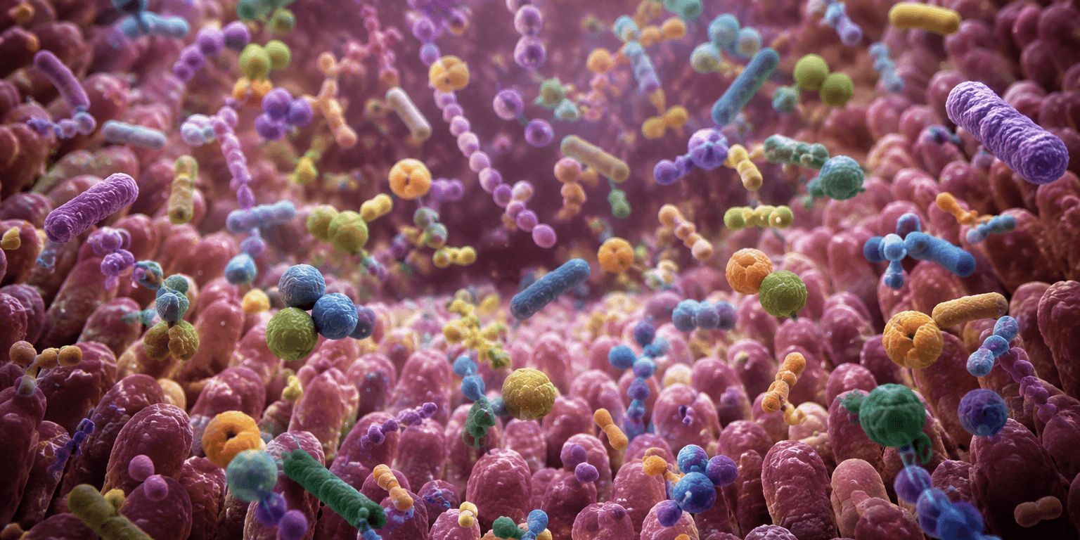 Illustration of the human gut microbiome ecosystem showing diverse bacterial communities in the digestive tract