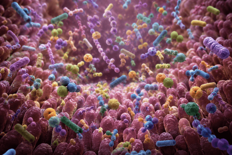 Illustration of the human gut microbiome ecosystem showing diverse bacterial communities in the digestive tract