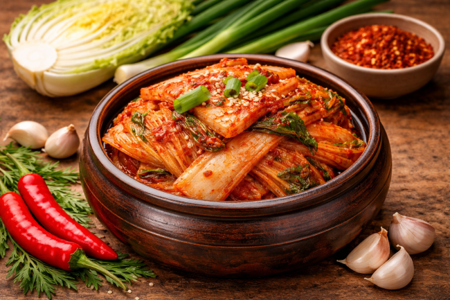 Fresh kimchi with vibrant ingredients gut health, kimchi, kimchi probiotic nanoplastics removal